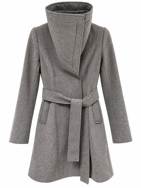 Funnel Neck Gray Felt Wrap Belted Coat